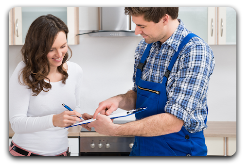 Plumbing Solutions LLC technician assisting a homeowner during professional water heater repair service.