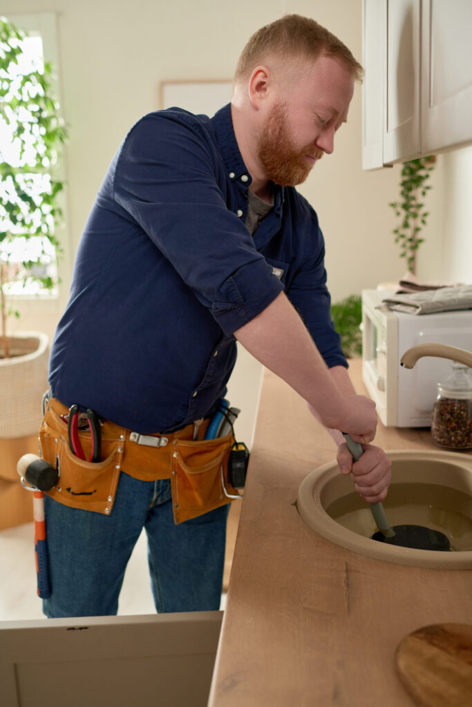 Plumbing Solutions LLC technician performing professional drain cleaning to clear a clogged kitchen sink.