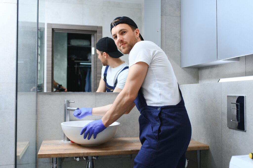 Plumbing Solutions LLC technician installing a bathroom sink faucet in a modern restroom