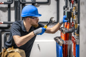 Plumbing Solutions LLC plumber tightening a valve manifold with a wrench inside a residential mechanical room.