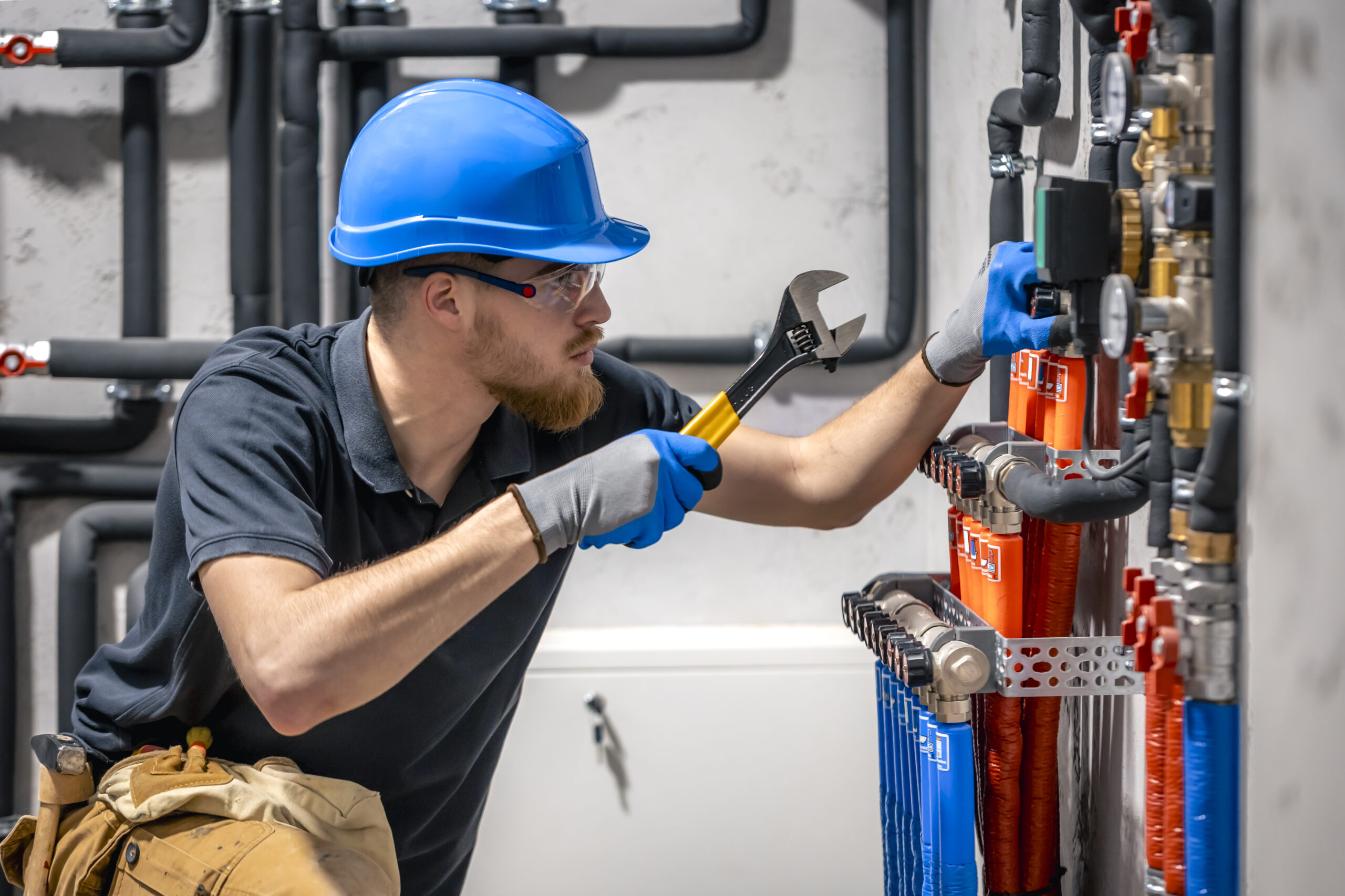 Plumbing Solutions LLC plumber tightening a valve manifold with a wrench inside a residential mechanical room.