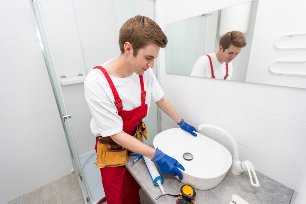 Plumbing Solutions LLC plumber installing a bathroom vessel sink and faucet on a vanity during repair service.